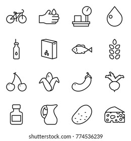 Thin line icon set : bike, acid, warehouse scales, drop, vegetable oil, cereals, fish, spikelets, cherry, corn, eggplant, beet, pills bottle, jug, potato, cheese