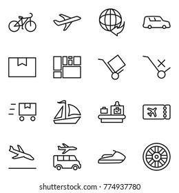 Thin line icon set : bike, plane, delivery, car shipping, package box, consolidated cargo, trolley, do not sign, fast deliver, sail boat, baggage checking, ticket, arrival, transfer, jet ski, wheel