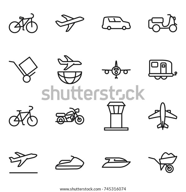 thin line icon set : bike, plane, car\
shipping, scooter, trolley, trailer, motorcycle, airport tower,\
airplane, departure, jet ski, yacht,\
wheelbarrow