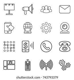 thin line icon set : billboard, loudspeaker, group, mail, touch, notebook globe, round around, web cam, chip, mobile pay, phone, consolidated cargo, remote control, wireless, gears