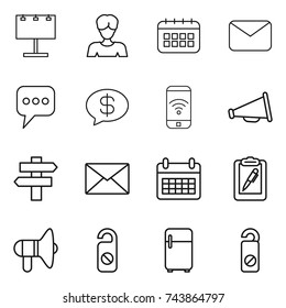 thin line icon set : billboard, woman, calendar, mail, message, money, phone wireless, loudspeaker, singlepost, clipboard pen, do not distrub, fridge
