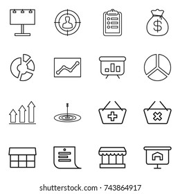 thin line icon set : billboard, target audience, clipboard, money bag, circle diagram, statistics, presentation, graph up, add to basket, delete cart, market, shopping list