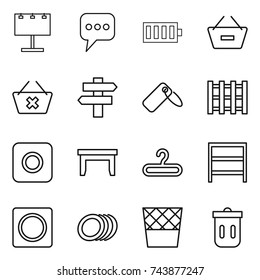 thin line icon set : billboard, message, battery, remove from basket, delete cart, singlepost, label, pallet, ring button, table, hanger, rack, plates, trash bin