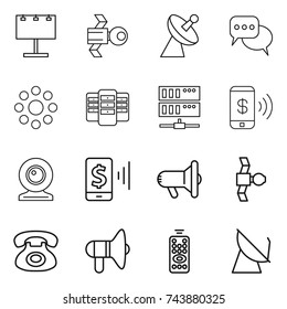 thin line icon set : billboard, satellite, antenna, discussion, round around, server, phone pay, web cam, mobile, megafon, loudspeaker, remote control