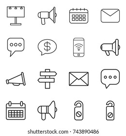 thin line icon set : billboard, loudspeaker, calendar, mail, message, money, phone wireless, megafon, singlepost, sms, do not distrub