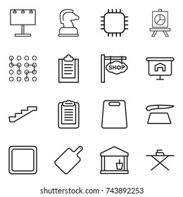 thin line icon set : billboard, chess horse, chip, presentation, clipboard, shop signboard, stairs, cutting board, utility room, iron