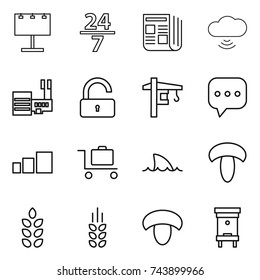 thin line icon set : billboard, 24 7, newspaper, cloud wireless, mall, unlock, tower crane, sms, sorting, baggage trolley, shark flipper, mushroom, spikelets, hive