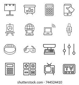 thin line icon set : billboard, presentation, calculator, touch, notebook globe, wireless, smart watch, bracelet, glasses, market scales, equalizer, tv