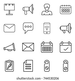 thin line icon set : billboard, loudspeaker, woman, calendar, mail, message, phone wireless, megafon, terms, clipboard pen, document, do not distrub