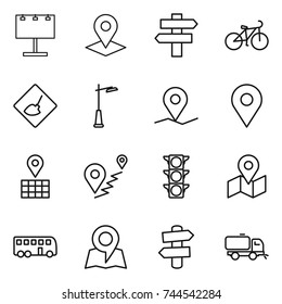 thin line icon set : billboard, pointer, singlepost, bike, under construction, outdoor light, geo pin, map, route, traffic, bus, signpost, sweeper