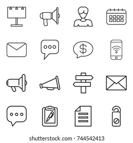 thin line icon set : billboard, loudspeaker, woman, calendar, mail, message, money, phone wireless, megafon, singlepost, sms, clipboard pen, document, do not distrub