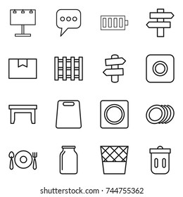 thin line icon set : billboard, message, battery, singlepost, package box, pallet, signpost, ring button, table, cutting board, plates, fork spoon plate, bank, trash bin