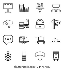 thin line icon set : billboard, coin stack, 24 7, structure, cloude service, mall, unlock, tower crane, sms, trailer, baggage trolley, shark flipper, spikelets, mushroom, hive