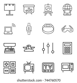 thin line icon set : billboard, presentation, notebook globe, wireless, smart watch, bracelet, glasses, market scales, equalizer, calculator, tv, microwave oven