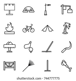 thin line icon set : billboard, dome house, outdoor light, loading, flammable, bike, tent, palm, restaurant, golf, rake, sickle, farm fence, blower thin line icon set : billboard, dome house, outdoor light, loading, flammable, bike, tent, palm, restaurant, golf, rake, sickle, farm fence, blower