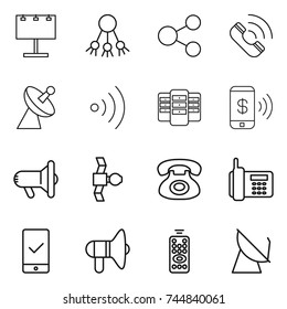 thin line icon set : billboard, share, call, satellite antenna, wireless, server, phone pay, megafon, mobile checking, loudspeaker, remote control