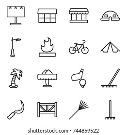 thin line icon set : billboard, market, dome house, outdoor light, flammable, bike, tent, palm, restaurant, golf, rake, sickle, farm fence