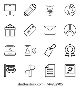 thin line icon set : billboard, pencil, bulb, circle diagram, gift, sale, mail, notebook, pass card, label, medal, shop signboard, signpost, document, photo