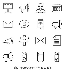 thin line icon set : billboard, loudspeaker, woman, calendar, mail, money message, phone wireless, megafon, singlepost, document, do not distrub, fridge
