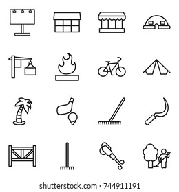 thin line icon set : billboard, market, dome house, loading, flammable, bike, tent, palm, golf, rake, sickle, farm fence, blower, garden cleaning