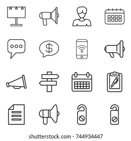 thin line icon set : billboard, loudspeaker, woman, calendar, message, money, phone wireless, megafon, singlepost, clipboard pen, document, do not distrub