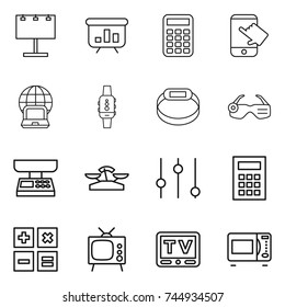 thin line icon set : billboard, presentation, calculator, touch, notebook globe, smart watch, bracelet, glasses, market scales, equalizer, tv, microwave oven