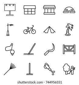 thin line icon set : billboard, market, dome house, outdoor light, bike, tent, palm, golf, rake, sickle, farm fence, blower, garden cleaning