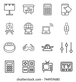 thin line icon set : billboard, presentation, calculator, touch, notebook globe, wireless, smart watch, bracelet, glasses, scales, equalizer, tv