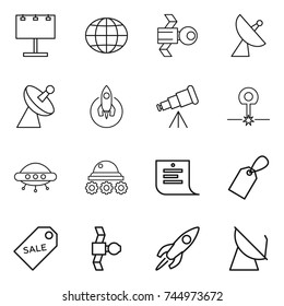 thin line icon set : billboard, globe, satellite, antenna, rocket, telescope, laser, ufo, lunar rover, shopping list, label, sale