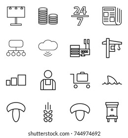 thin line icon set : billboard, coin stack, 24 7, newspaper, structure, cloud wireless, mall, tower crane, sorting, workman, baggage trolley, shark flipper, mushroom, spikelets, hive