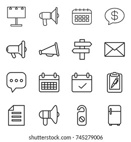 thin line icon set : billboard, loudspeaker, calendar, money message, megafon, singlepost, mail, sms, terms, clipboard pen, document, do not distrub, fridge