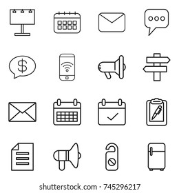 thin line icon set : billboard, calendar, mail, message, money, phone wireless, megafon, singlepost, terms, clipboard pen, document, loudspeaker, do not distrub, fridge