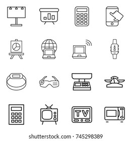 thin line icon set : billboard, presentation, calculator, touch, notebook globe, wireless, smart watch, bracelet, glasses, market scales, tv, microwave oven