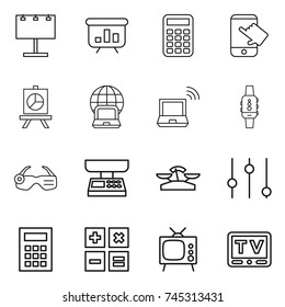 thin line icon set : billboard, presentation, calculator, touch, notebook globe, wireless, smart watch, glasses, market scales, equalizer, tv