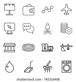 thin line icon set : billboard, wallet, graph, plane, monitor arrow, discussion, hoverboard, virtual mining, market, inflatable pool, food processor, plow, drop, scoop, vacuum cleaner