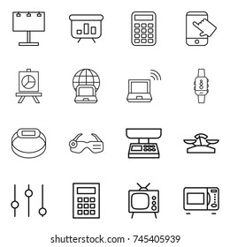 thin line icon set : billboard, presentation, calculator, touch, notebook globe, wireless, smart watch, bracelet, glasses, market scales, equalizer, tv, microwave oven