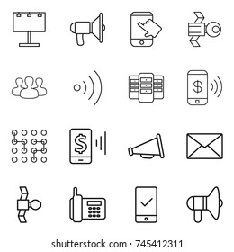 thin line icon set : billboard, loudspeaker, touch, satellite, group, wireless, server, phone pay, chip, mobile, mail, checking