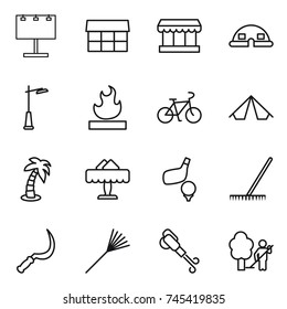 thin line icon set : billboard, market, dome house, outdoor light, flammable, bike, tent, palm, restaurant, golf, rake, sickle, blower, garden cleaning