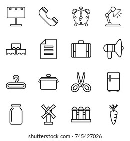 thin line icon set : billboard, phone, alarm clock, table lamp, block wall, document, suitcase, loudspeaker, hanger, pan, scissors, fridge, bank, windmill, grain elevator, carrot