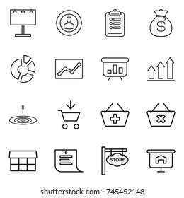 thin line icon set : billboard, target audience, clipboard, money bag, circle diagram, statistics, presentation, graph up, add to cart, basket, delete, market, shopping list, store signboard