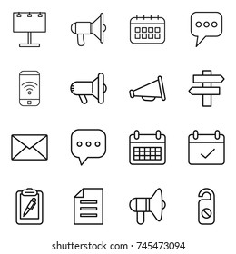 thin line icon set : billboard, loudspeaker, calendar, message, phone wireless, megaphone, singlepost, mail, sms, terms, clipboard pen, document, do not distrub