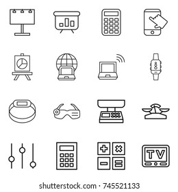 thin line icon set : billboard, presentation, calculator, touch, notebook globe, wireless, smart watch, bracelet, glasses, market scales, equalizer, tv