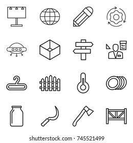 thin line icon set : billboard, globe, pencil, around gear, ufo, box, singlepost, architector, hanger, fence, thermometer, plates, bank, sickle, axe, farm