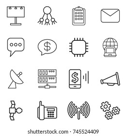 thin line icon set : billboard, share, clipboard, mail, message, money, chip, notebook globe, satellite antenna, server, mobile pay, loudspeaker, phone, wireless, gears
