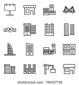 thin line icon set : billboard, shop, store, bridge, drawbridge, houses, building, skyscrapers, skyscraper, mall, modular house, district, palace, loading