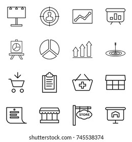 thin line icon set : billboard, target audience, statistics, presentation, diagram, graph up, add to cart, clipboard, basket, market, shopping list, store signboard