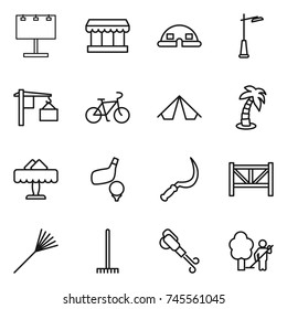 thin line icon set : billboard, market, dome house, outdoor light, loading, bike, tent, palm, restaurant, golf, sickle, farm fence, rake, blower, garden cleaning