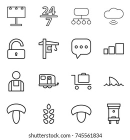 thin line icon set : billboard, 24 7, structure, cloud wireless, unlock, tower crane, sms, sorting, workman, trailer, baggage trolley, shark flipper, mushroom, spikelets, hive