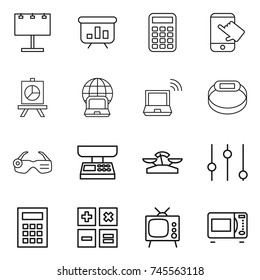 thin line icon set : billboard, presentation, calculator, touch, notebook globe, wireless, smart bracelet, glasses, market scales, equalizer, tv, microwave oven
