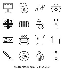 thin line icon set : billboard, money gift, graph, add to basket, calculator, fence, trip, do not hook sign, check in, plate washing, measuring cup, spatula, ecology, trash, distrub